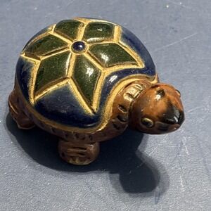 3" Vintage Glazed Ceramic Turtle Figurine Folk Art Pottery Miniature Decor